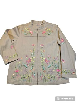 Quacker Factory Womens Embroidered Floral Cream Full Zipp Jacket Sz Large EUC - Image 1 of 4