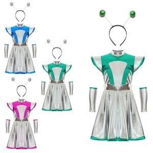 Kids Girls Dress Masquerade Alien Cosplay Birthday Costumes Metallic Role Play - Picture 1 of 47