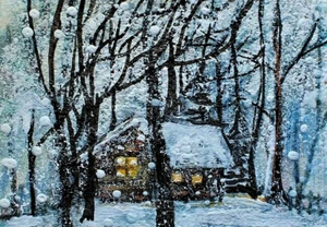 ACEO Original Winter CABIN Pine Tree PAINTING Snow Holiday Nature Landscape ART - Picture 1 of 1