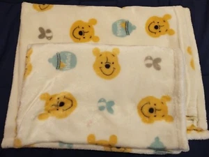 Disney Winnie The Pooh Ivory Yellow Aqua Super Soft Baby Blankets | 2 pc Set - Picture 1 of 4