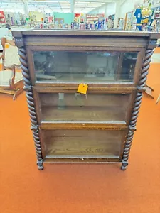 Antique Three Shelf Wood Barrister Bookcase Cabinet w Barley Twist Columns - Picture 1 of 6