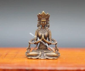 4 CM Chinese Pure Bronze kwan-yin Guanyin Bodhisattva Amulet Buddha Sit Statues - Picture 1 of 9