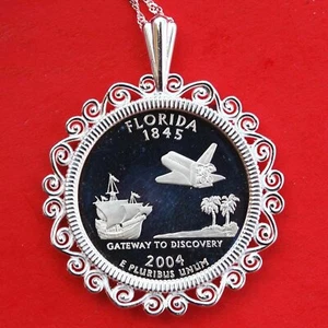  US 2004 Florida State Quarter Silver Proof Coin 925 Sterling Silver Necklace - Picture 1 of 5
