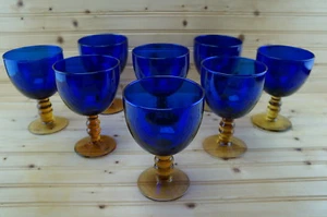 Cuenco de cobalto ámbar vástago de 3 bolas (8) copas sopladas a mano, 6 5/8", 20 onzas - Imagen 1 de 10