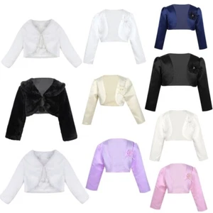 Kids Girls Long Sleeve Satin Bolero Jacket Shrug Communion Church Dress Cover Up - Picture 1 of 111