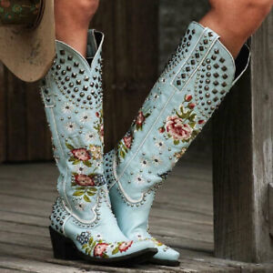 Womens Embroidery Rivet Chunky Heels Western Cowboy Knee High Boots Knight Shoes