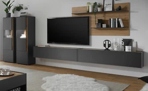 Wohnwand Wohnzimmer Schrankwand Modern grau Eiche 430 cm Lowboard hängend Center - Bild 1 von 8