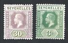 (Bl) Seychelles 1912-16 Sg 72 3C & Sg 77 30C 2V Mint
