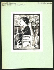 Exlibris von Rudolf Rumples für Rudolf Rumples, Musiker spielt Gitarre, Putte d