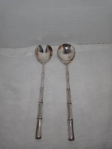 Silver Tone Bamboo Handle Salad Tosser Serving Spoon Fork Flatware Set Italy - Picture 1 of 3