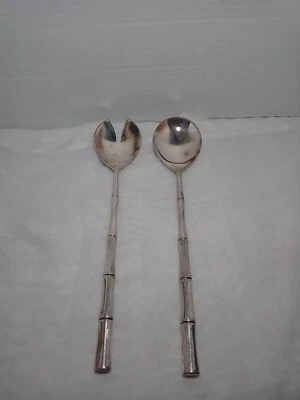 Silver Tone Bamboo Handle Salad Tosser Serving Spoon Fork Flatware Set Italy - Image 1 of 3