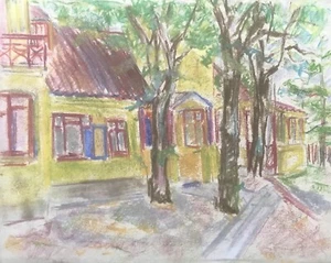 Ulla Haakø Weinert 1897-1967 strada con alberi e case pastello  - Foto 1 di 11