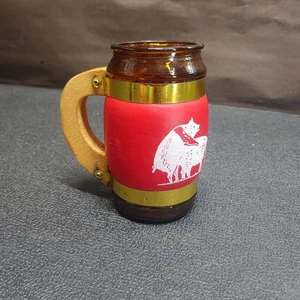 Tazza Makin' Bacon vintage in vetro ambrato con manico in legno e ottone - Foto 1 di 10