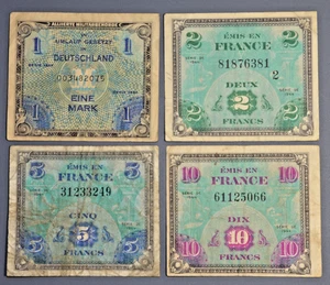 Lote de 4 billetes militares Alemania, Francia Segunda Guerra Mundial 1944 - Imagen 1 de 3