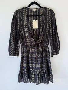 Elan Metallic Schwarz Boho Tie-Front Minikleid mit Rüschensaum - Gr. L Neu mit Etikett - Bild 1 von 8