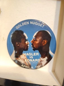 Vintage HAGLER vs LEONARD Boxing Pinback – 1987 Championship Fight Golden Nugget - Picture 1 of 2