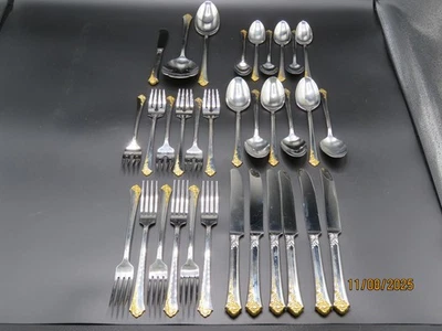 33 ONEIDA CUBE MARK *GOLDEN DAMASK ROSE* STAINLESS FLATWARE!  6 SETS +SRVG PCS - Image 1 of 4