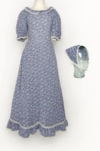 70’s Handmade Blue Prairie Dress Sm Cottagecore Floral Lace Trim Bonnet 2 Pc Set - Picture 1 of 18