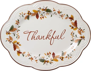 Autumn Berry Oval Platter 10.5", Small Cream Ceramic Serving Dish Holiday Decor - Picture 1 of 12