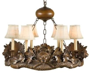 Chandelier 3 Bear Heads Hand-Cast Made in USA OK Casting Linen Shade 6-Light - Picture 1 of 1