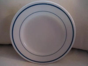 Pyrex Tableware By Corning Dinner Plate 9" Milk Glass White w Teal Blue Stripes - Picture 1 of 4