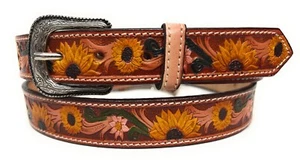 KIDS SUNFLOWER WESTERN LEATHER BELT, HAND DECORATED BABY TODDLER LEATHER BELT - Picture 1 of 3