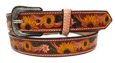 KIDS SUNFLOWER WESTERN LEATHER BELT, HAND DECORATED BABY TODDLER LEATHER BELT - Изображение 1 из 3
