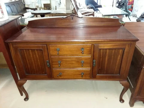 Antique English Queen Anne  Mahogany Sideboard 3 Drawers 2 Doors W 53.5" D 21" Cover