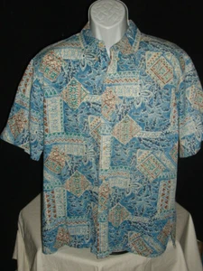 USA Made Vtg. Hawaiian Flavor Blue/Beige 100% Cotton S/S Hawaiian Shirt Sz. L - Picture 1 of 8