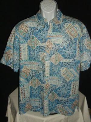 USA Made Vtg. Hawaiian Flavor Blue/Beige 100% Cotton S/S Hawaiian Shirt Sz. L - Image 1 of 4