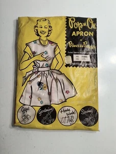 NOS Vintage Small Pop On Apron Princess Peggy 50's Flowers Burgundy Teal Yellow  - Picture 1 of 10