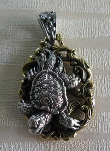 JAPANESE TURTLE "MINOGAME" WAVE STERLING 925 SILVER PENDANT - Picture 1 of 5