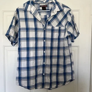 Tony Hawk Plaid Shirt Mens Large Short Sleeve Button Up White/Blue Collared - Picture 1 of 4
