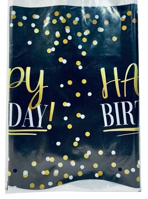 Happy Birthday Tablecloth Table Cover Plastic Black Gold White Confetti 54”x 84” - Image 1 of 4