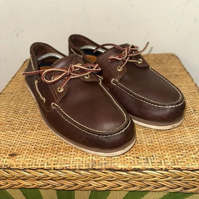 Timberland 船鞋男式 14 棕色皮革鞋头一脚蹬航海学院风 — 第 1/4 张图片