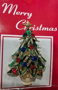 Vintage ROMAN Christmas Brooch Pin Holiday Rhinestones Enamel Christmas Tree - Picture 1 of 3