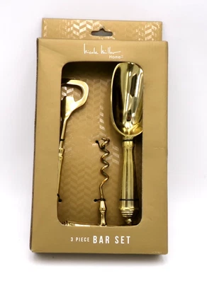 Nicole Miller Home Juego de herramientas de barra de oro de 3 piezas - Abridor de botellas, sacacorchos y cuchara Foto 1 de 4