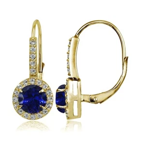 Yellow Gold Flash 925 Silver Created Blue Sapphire & CZ Round Leverback Earrings - Picture 1 of 3