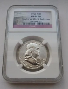 NGC MS 64 1955 FBL FRANKLIN PLATA MEDIO DÓLAR PILAS CON ETIQUETA DE COLECCIÓN 57TH ST - Imagen 1 de 2