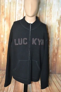 Lucky Brand Men100% Lambs Wool Zip Up Black Sweater Size XL - Picture 1 of 9