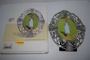 FETCO ANTIQUE SILVER PICTURE FRAME WITH TURQUOISE STONES - 3.5 X 5 - NEW IN BOX - Picture 1 of 5