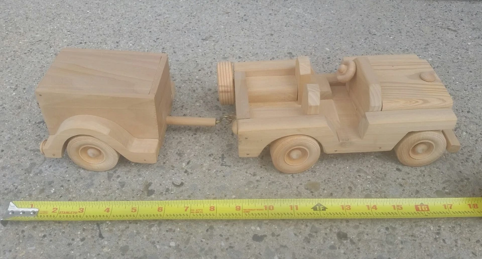 定制手工制作摇篮木 WILLY'S JEEP CJ WRANGLER 玩具 W 拖车 复古 — 第 1/4 张图片