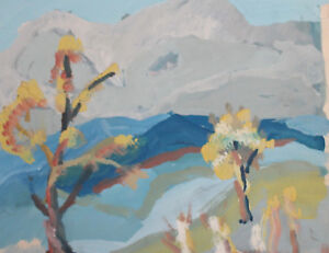 Vintage gouache painting expressionist landscape mountain