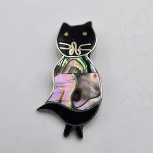 Spilla vintage Messico nera e abalone conchiglia gatto alpaca tono argento spilla 2"H - Foto 1 di 5