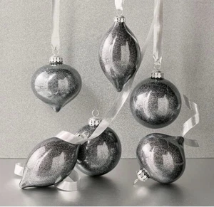 FRONTGATE Gunmetal Silver-Glitter bocca macchiata vetro soffiato ornamenti set di 12 - Foto 1 di 16