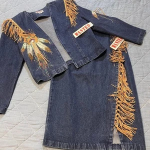 Vintage Wanted by Bead schönes Denim Fransen Jacke & Rock Set Größe Medium Neu mit Etikett - Bild 1 von 12
