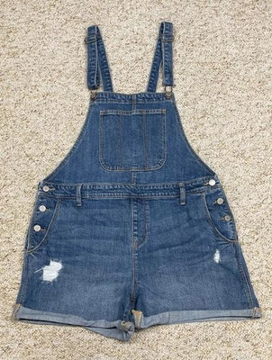 Old Navy Jean Overall Shorts Women's Large Distressed Cuffed stretch (waist 36") - Image 1 of 4