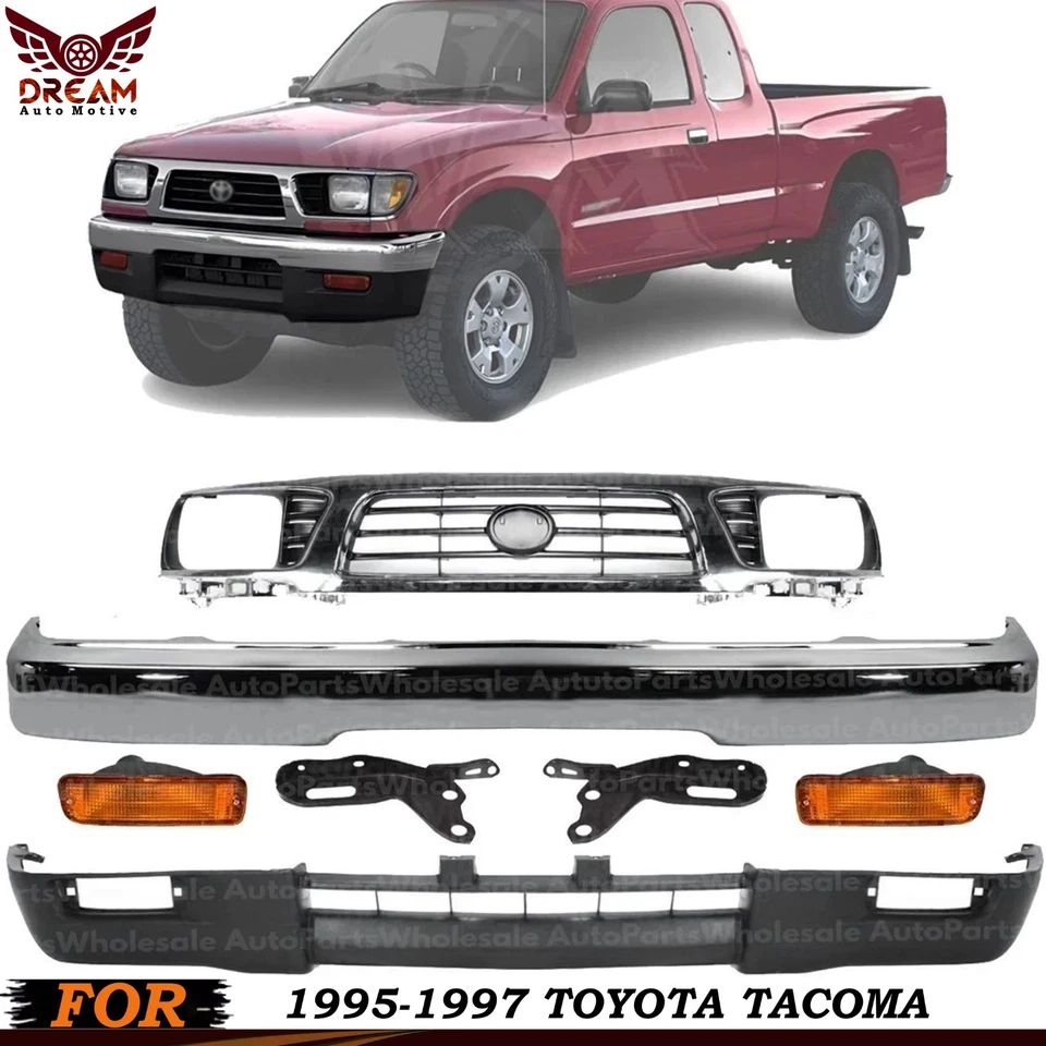 Front Bumper Chrome Steel Kit +Grille +Signal Lights For 1995-1997 Toyota Tacoma - Imagem 1 de 4