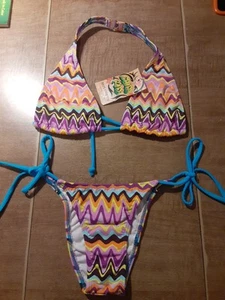 Chica Rica Bikini Abstract ZigZag Print Triangle Halter Bikini Size Small (0-6) - Picture 1 of 3