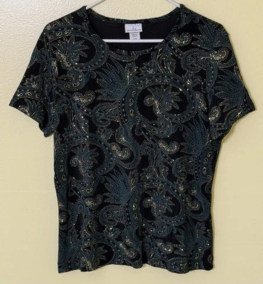 Женская блузка с коротким рукавом JACLYN SMITH черный пейсли с блестящим золотом размер L - Изображение 1 из 4